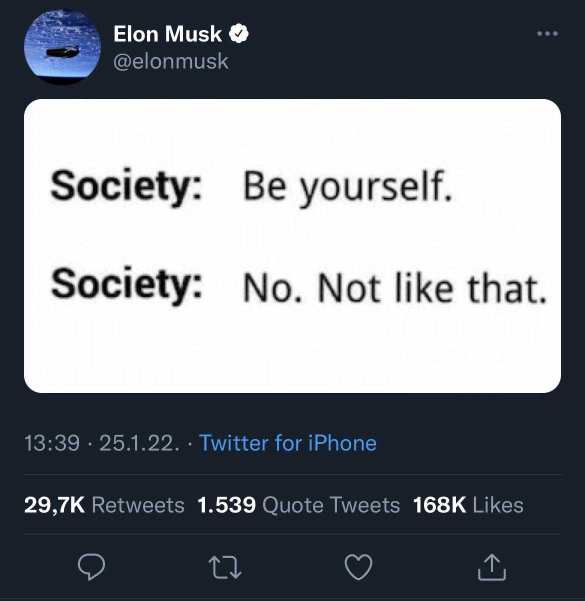 a tweet with a picture of a person saying society be yourself