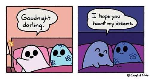 cartoon of a couple of ghosts sleeping in bed with a speech bubble