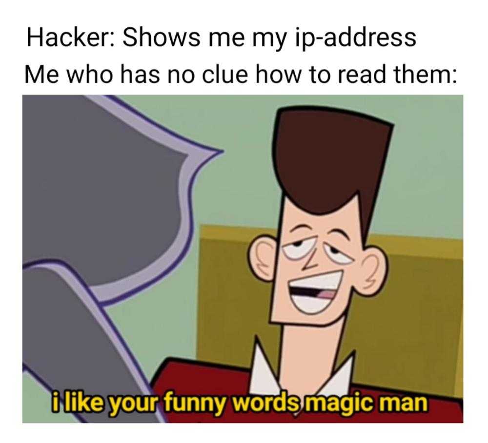 a cartoon image of a man with a hat and a caption that reads hacker shows me my ip address