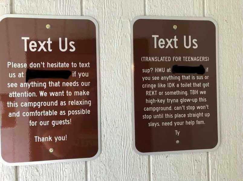 signs on a wall telling people to text us and not to text us