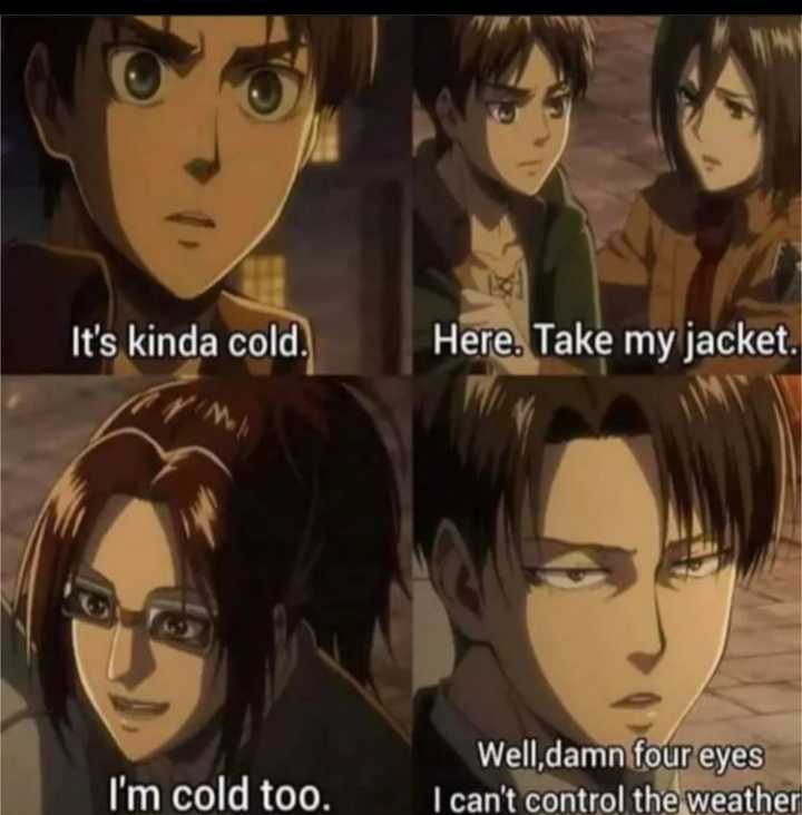 anime characters with caption saying it ' s kinda cold here take my jacket