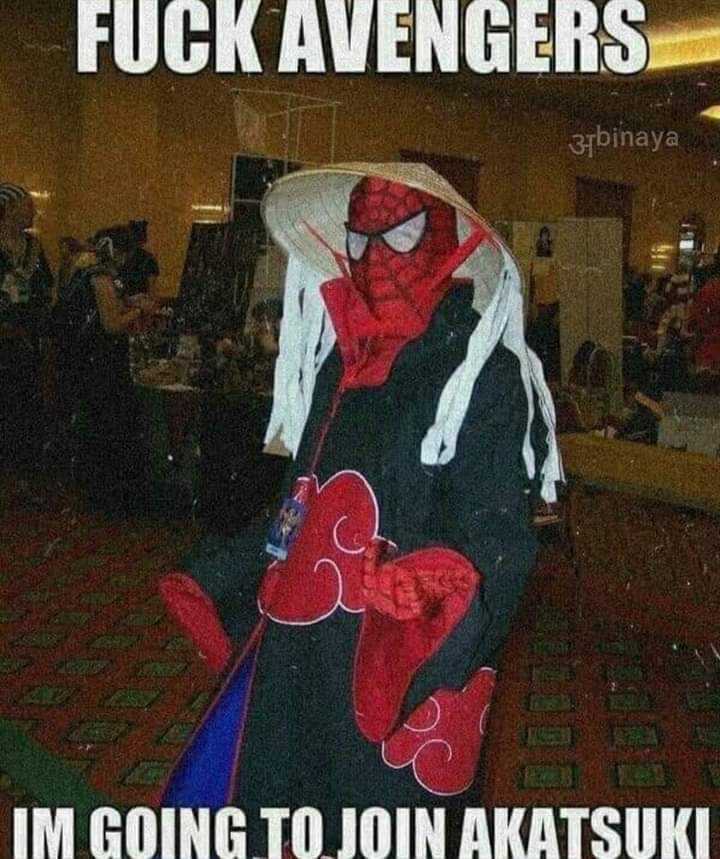 araffe dressed as spider - man with a funny caption saying fuck avengers