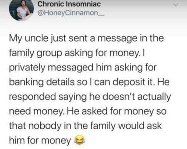 a screenshot of a text message from a man who is asking him to pay money