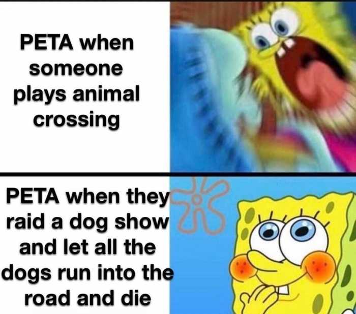 a cartoon picture of a dog with a caption saying peta when someone plays animal crossing