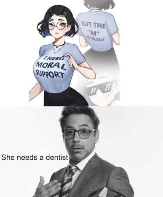 a cartoon of a man in a suit and tie with a shirt that says, she needs a dentist