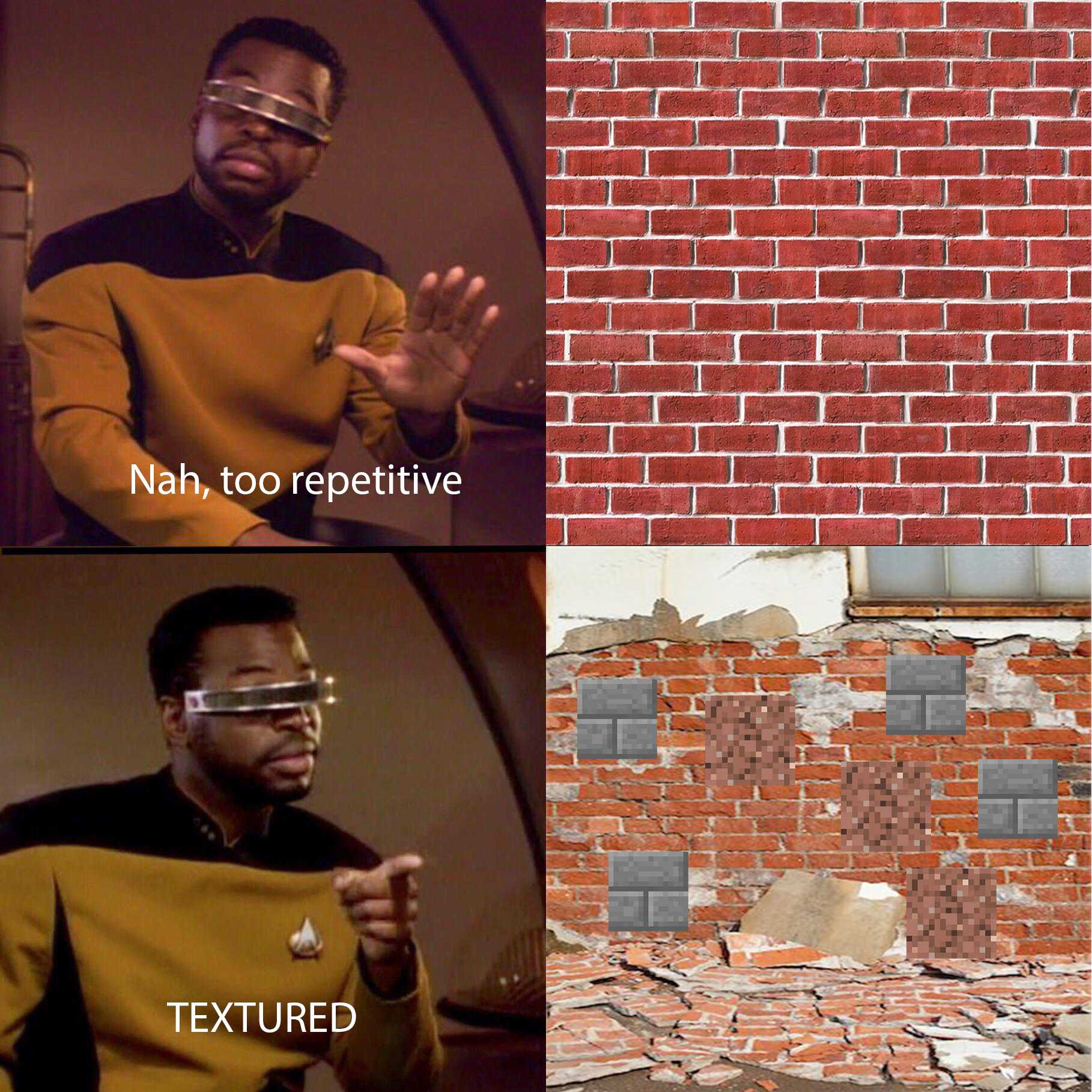 there are two pictures of a man in a yellow shirt and a brick wall