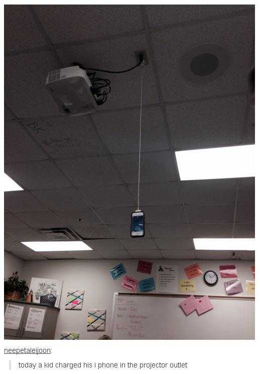 there is a cell phone hanging from the ceiling in a classroom