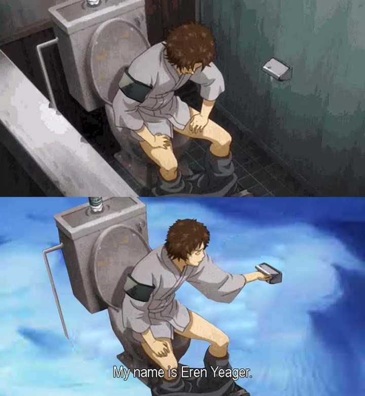 anime meme of a man in a white shirt sitting on a toilet