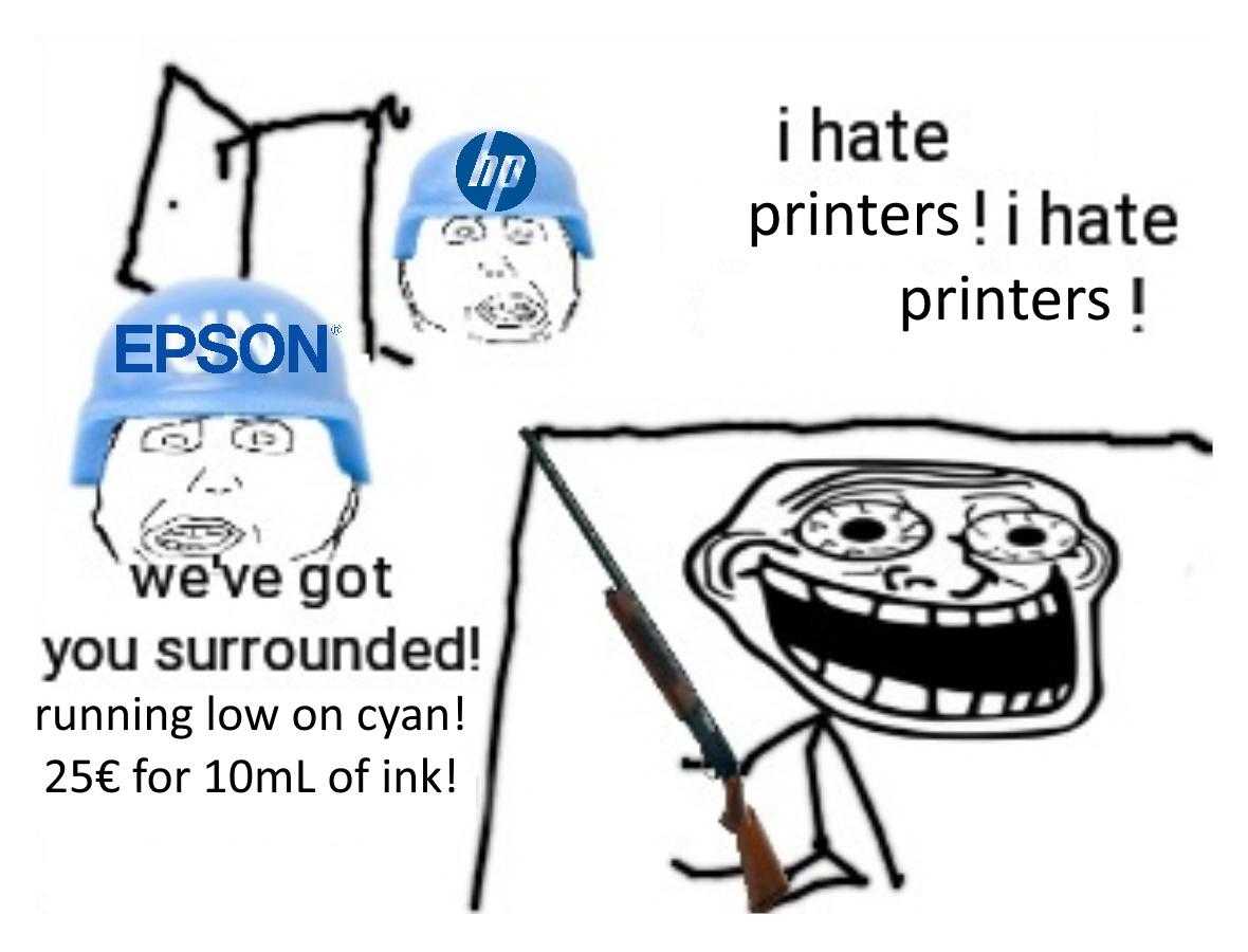 a cartoon drawing of a person holding a knife and a printer