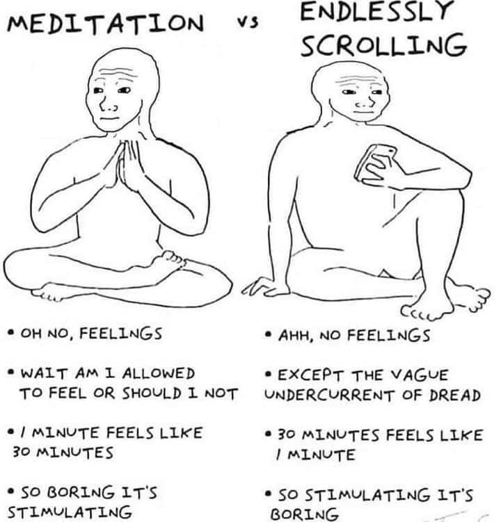 a drawing of a man sitting on the ground with his hands crossed and a hand in the air with the words meditation and endless scrolling