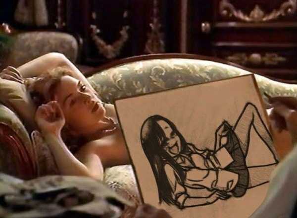 woman laying on a couch with a drawing of a woman