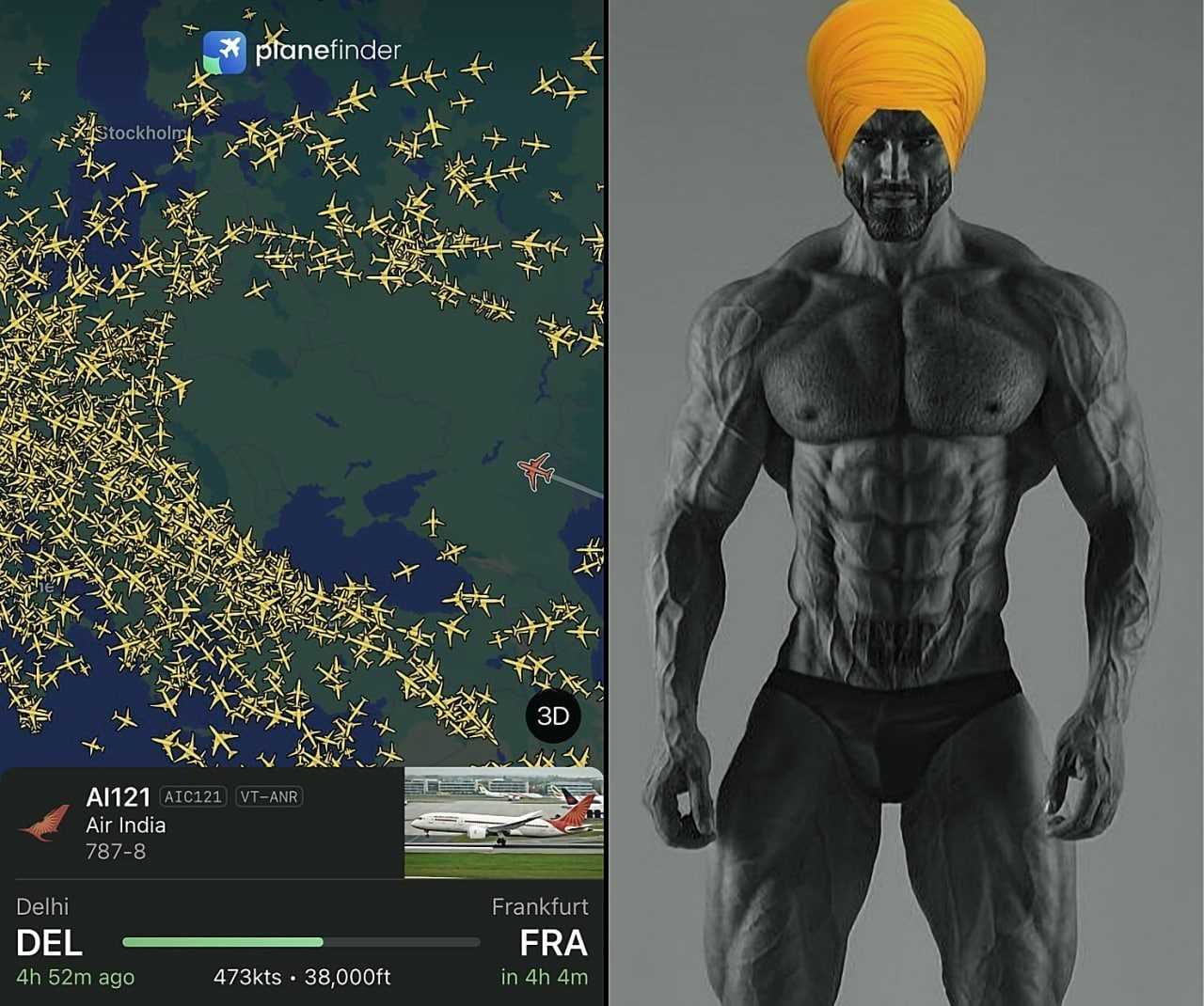 man with a turban on his head and a map of planes