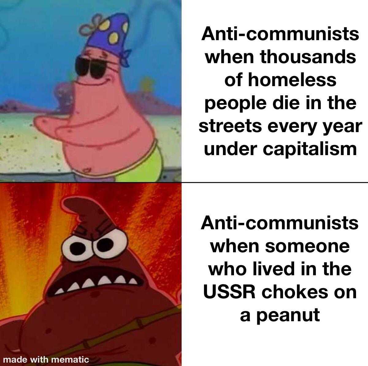 cartoon meme of a man with a hat and a mustache and a caption of an anti - communist