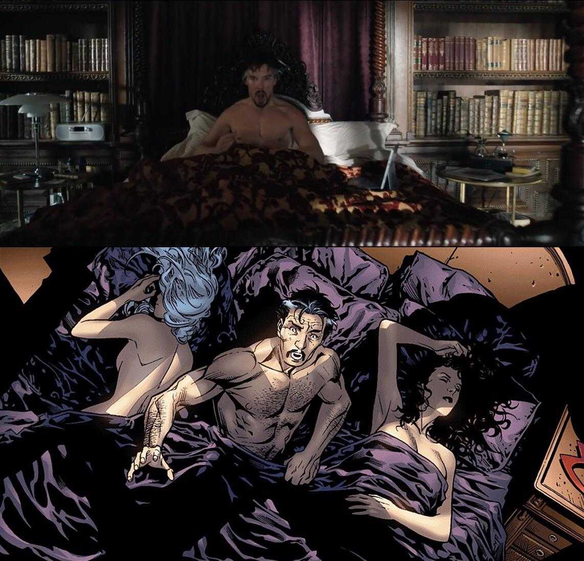 there are two pictures of a man and a woman in bed