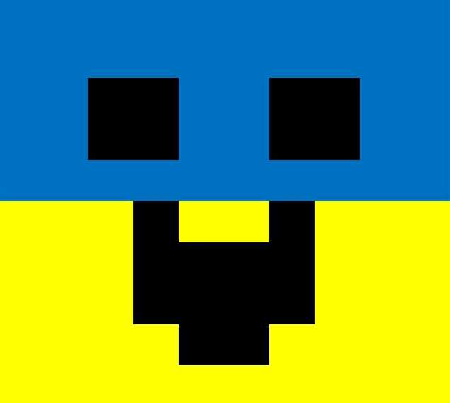 a blue and yellow square with a face on it