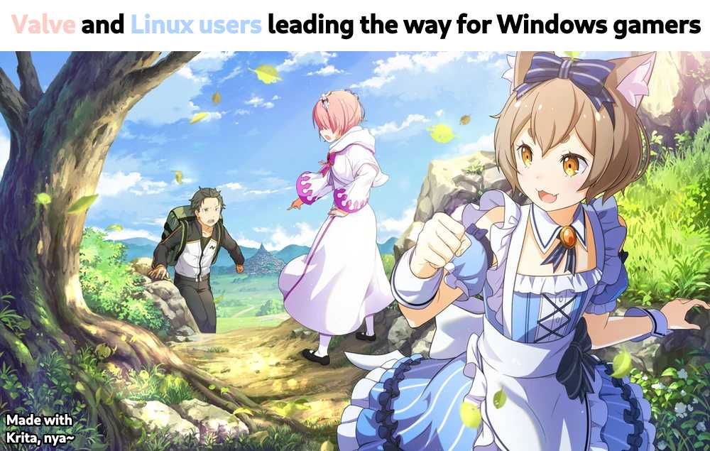 anime characters in a forest with a caption that reads, valux users leading the way for windows games