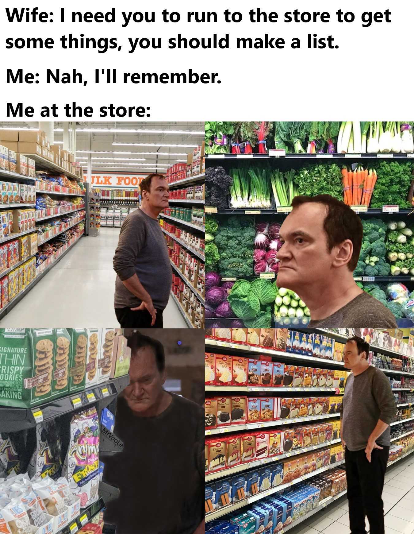 there are two pictures of a man in a grocery store