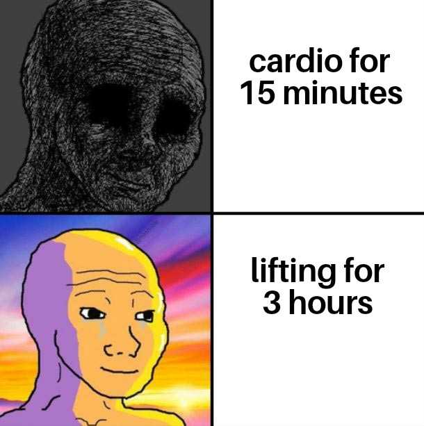 a cartoon picture of a man with a beard and a face with the words cardio for 15 minutes lifting