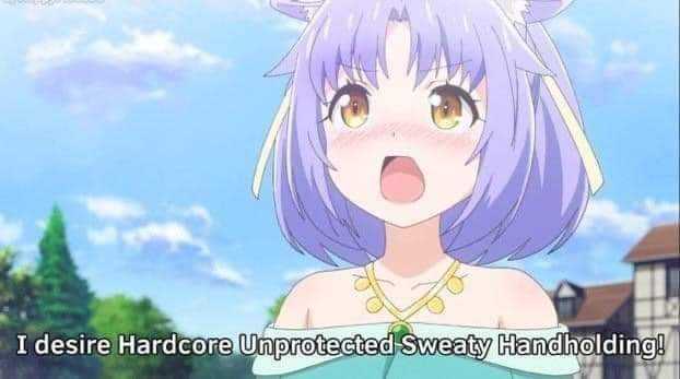 anime girl with purple hair and a blue dress with a surprised expression