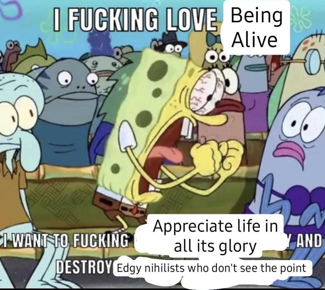 cartoon of sponge sponge with caption saying i fucking love being alive