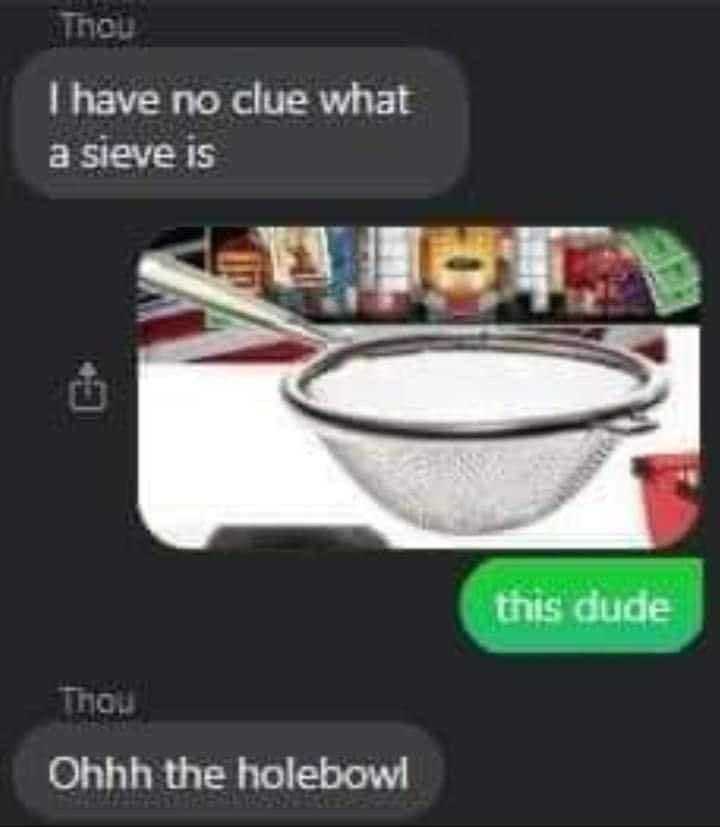 a close up of a text message with a picture of a colander