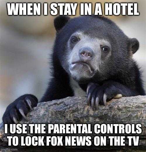 a bear that is sitting on a log with a caption saying when i stay in a hotel use the