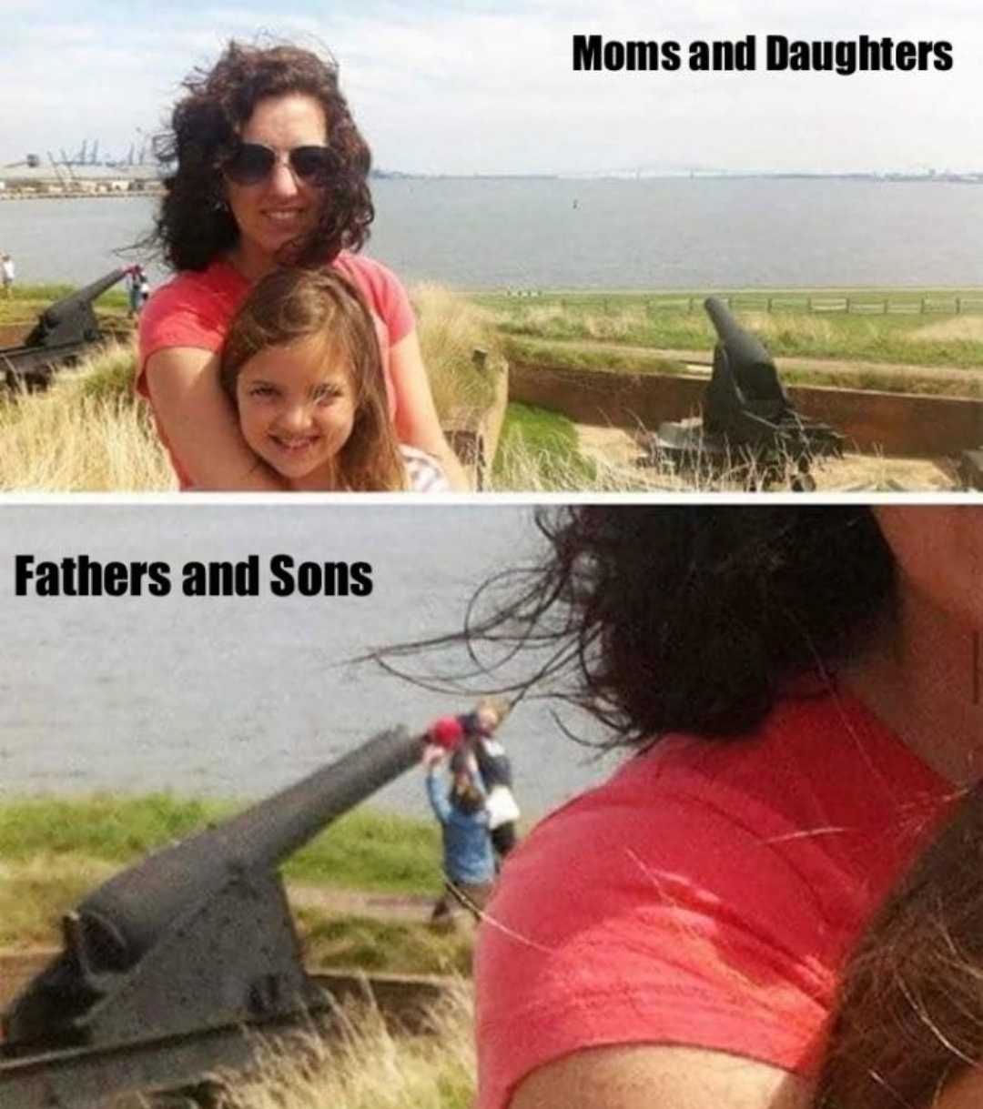 there are two pictures of a woman and a child with a cannon