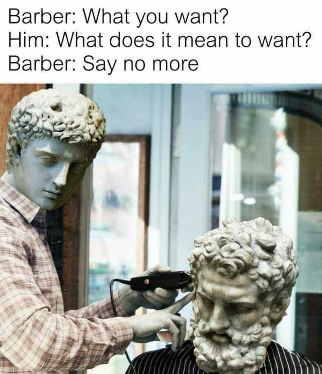 statue of a man getting a haircut by a barber