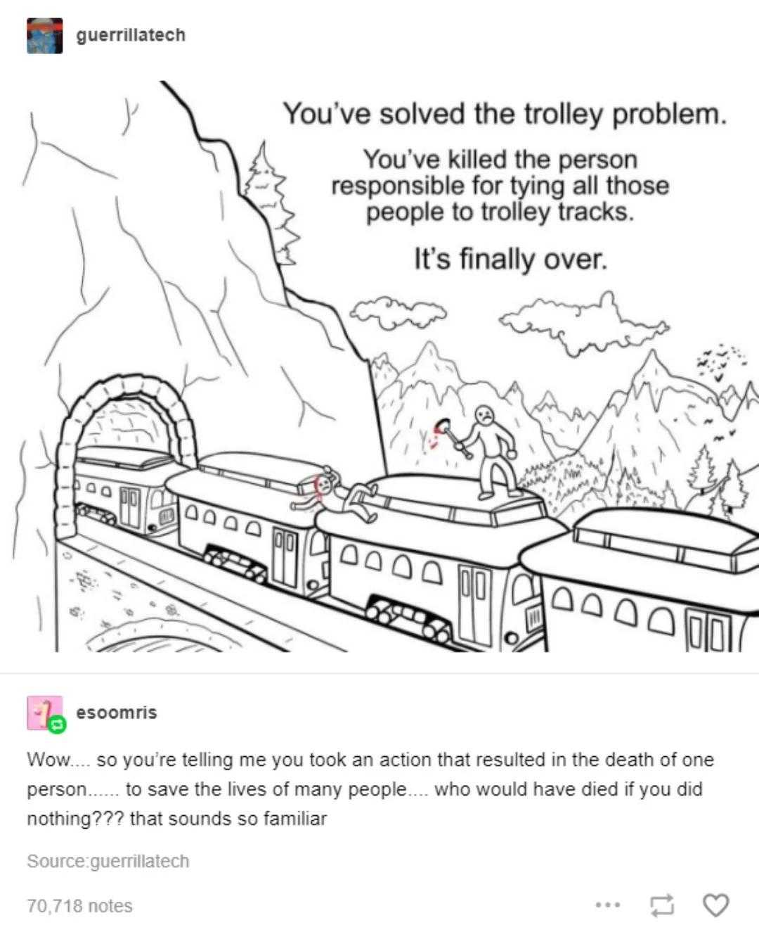 a cartoon drawing of a train going through a tunnel with a man on it