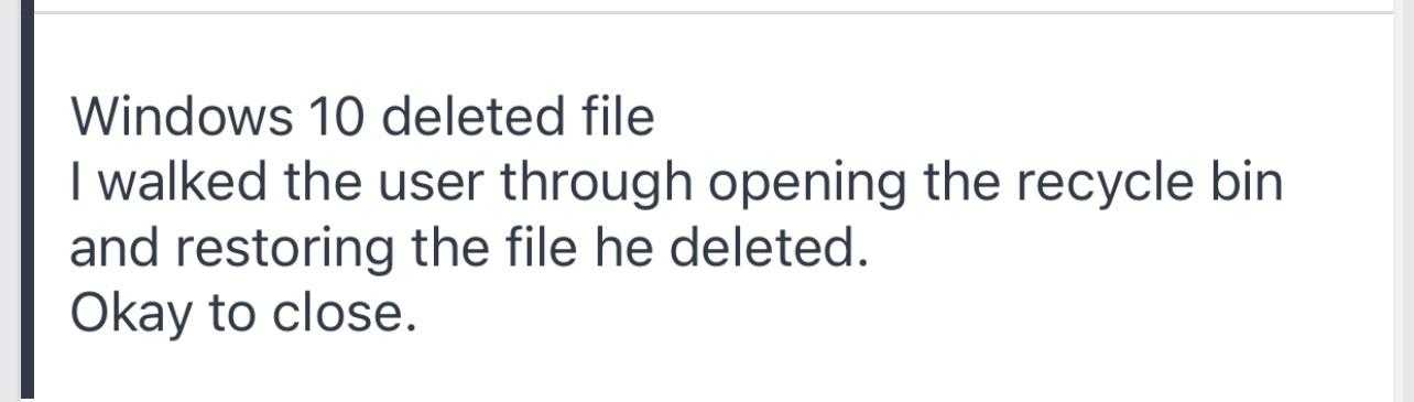 a screenshot of a text message that reads windows 10 deleted file