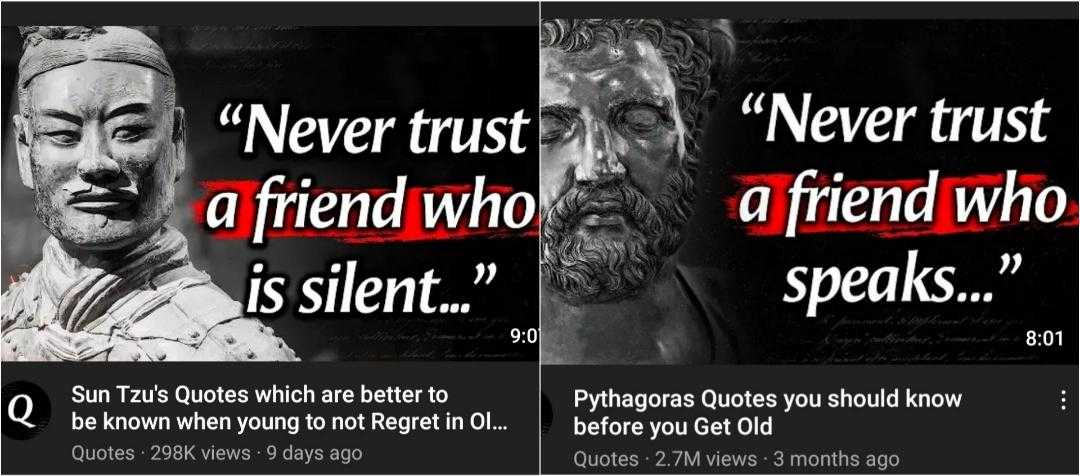 two pictures of a couple of statues with a quote on them