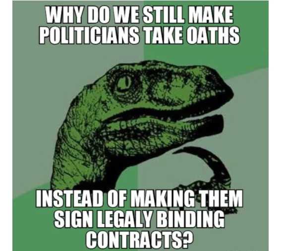 a green and black image of a t - rex with a caption saying why do we still make politicians