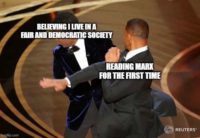 image of two men in tuxedos on stage with a caption saying, ' believing