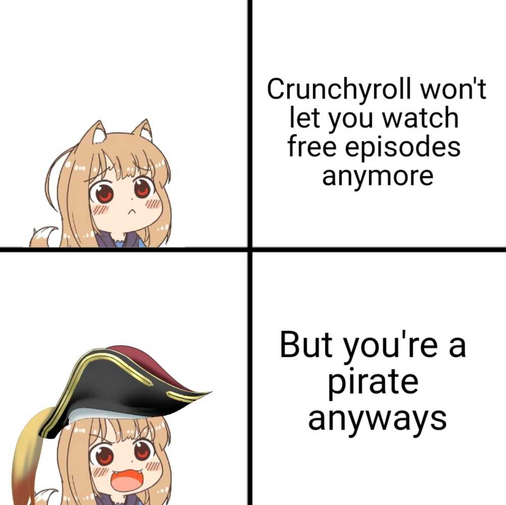 a cartoon picture of a girl with a pirate hat and a caption saying crunchyroll won ' t