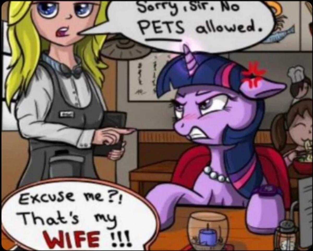 a cartoon picture of a woman talking to a pony in a restaurant