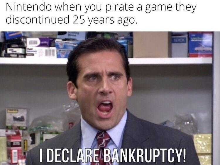 image of a man in a suit and tie with a caption saying, nintendo when you pirate a game they discidid 25 years ago