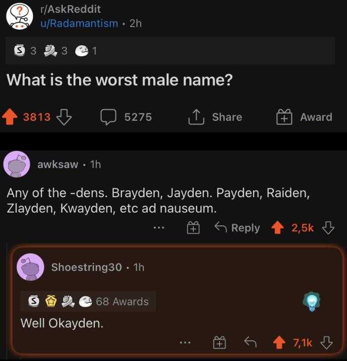 a screenshot of a tweet with a question about what is the worst male name?