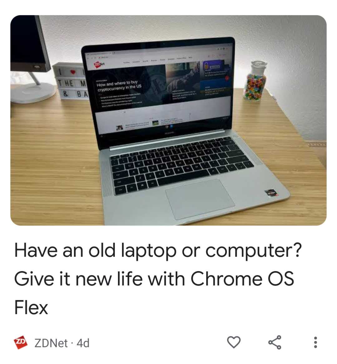 image of a laptop on a desk with a text that reads, have an old laptop or computer? give it new life with chrome os flexix