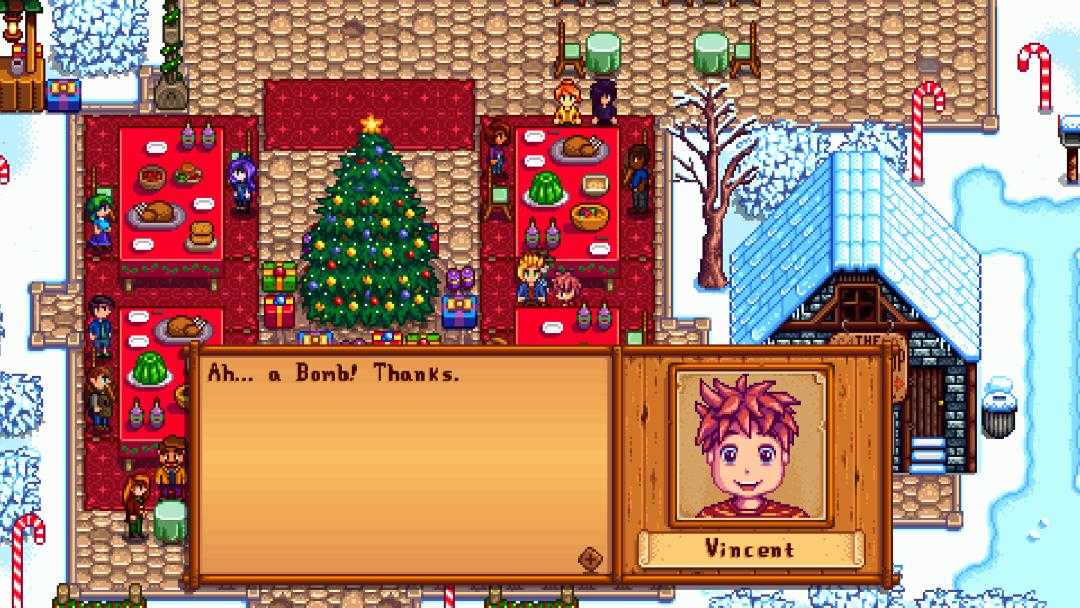 a screenshot of a christmas village with a christmas tree and a sign