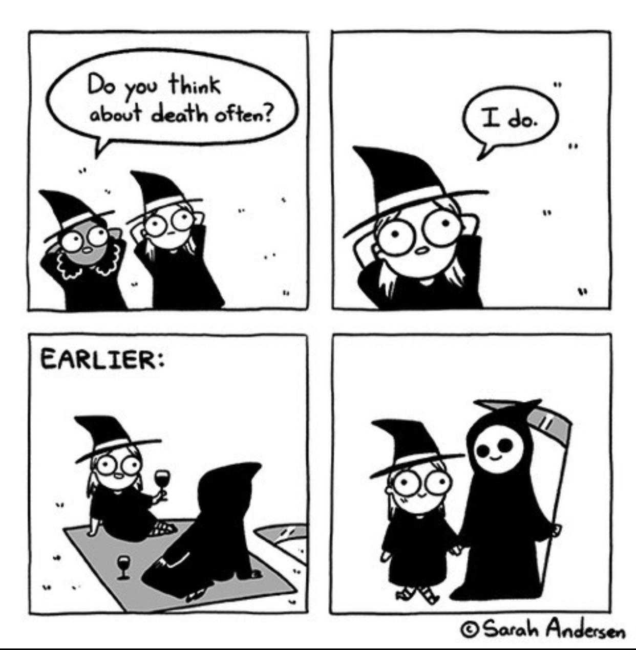 a cartoon of a comic strip with a cartoon of a witch and a cat