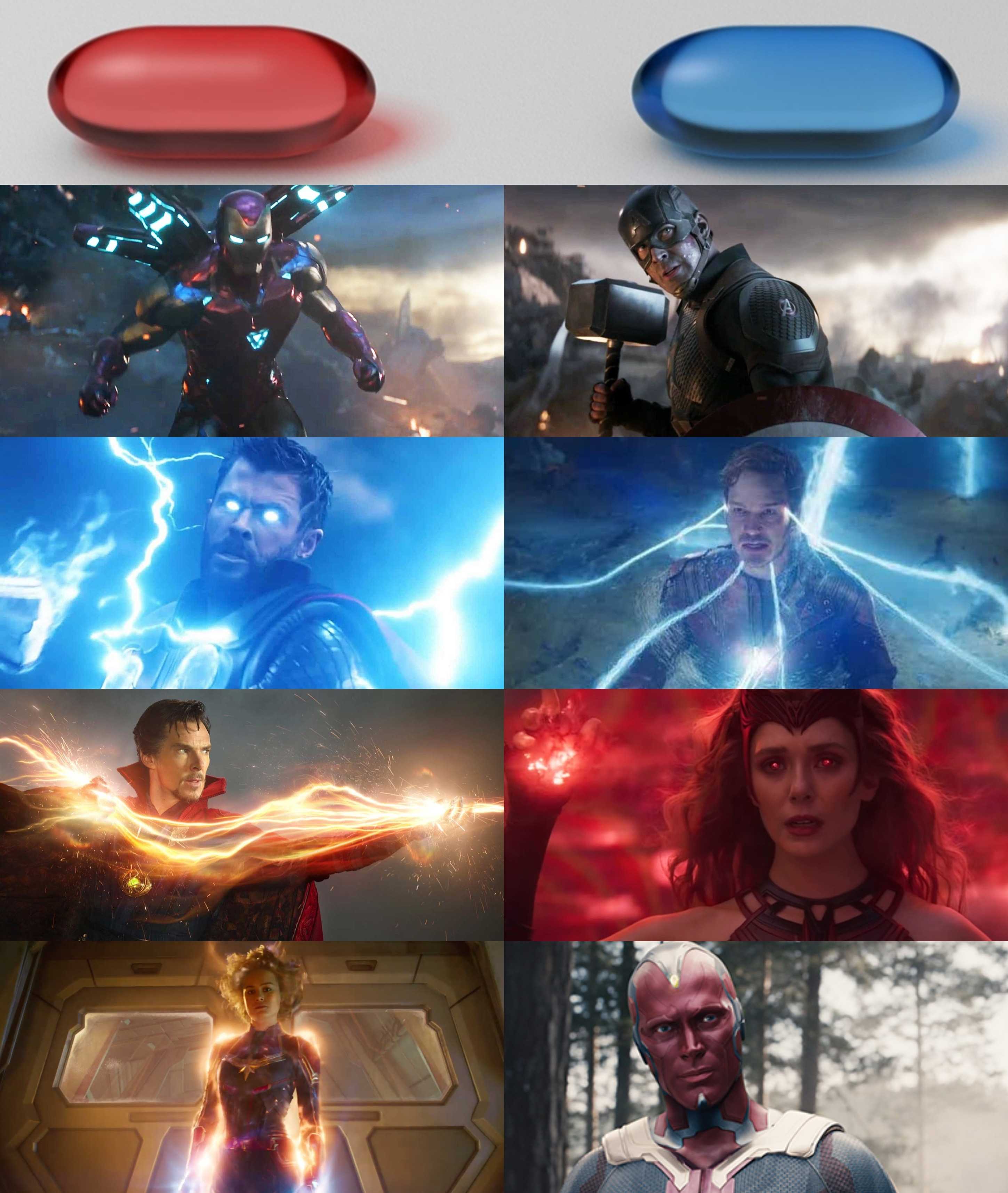 a close up of a collage of avengers movies with a red light