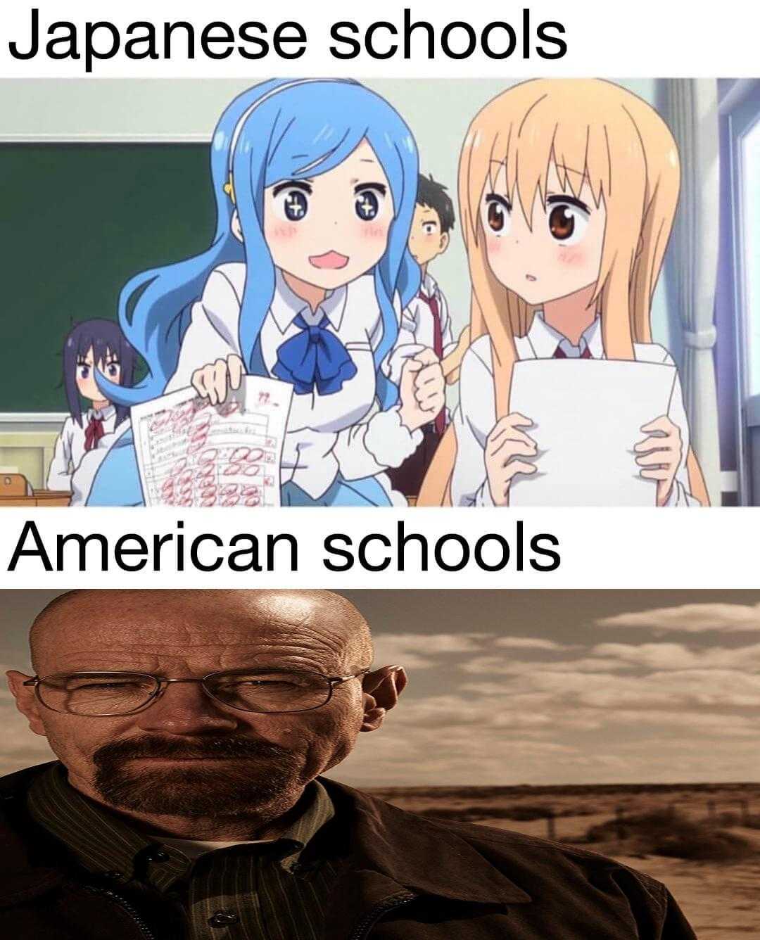 a picture taken from a picture of a man with glasses and a beard and a picture of a woman with a school uniform