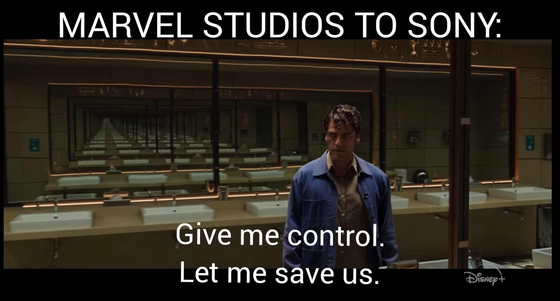 image of a man standing in a bathroom with a caption saying marvel studios too sony give me control let me save us