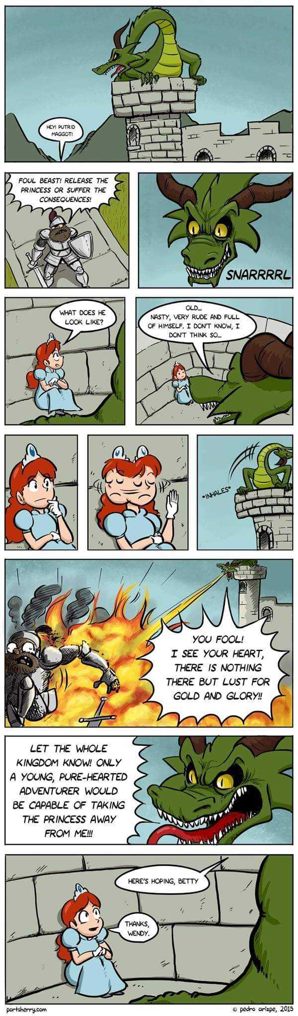 a comic strip with a cartoon of a dragon attacking a woman