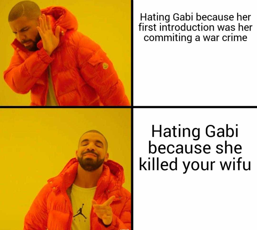 man in orange jacket with text that reads hating gabi because he ' s coming a war crime