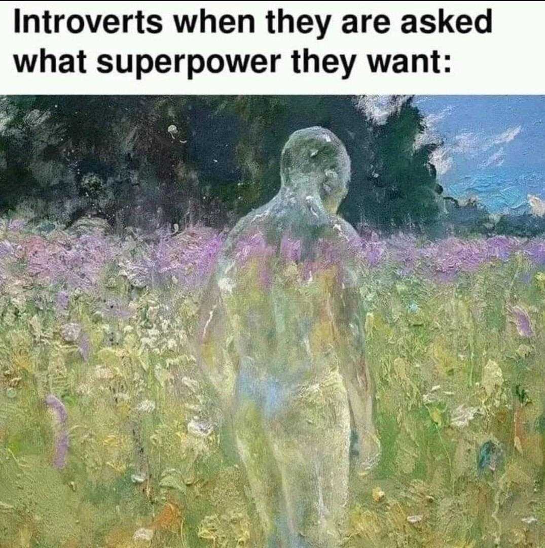 painting of a man standing in a field of flowers with a caption that reads, intros when they are asked what superpower they want