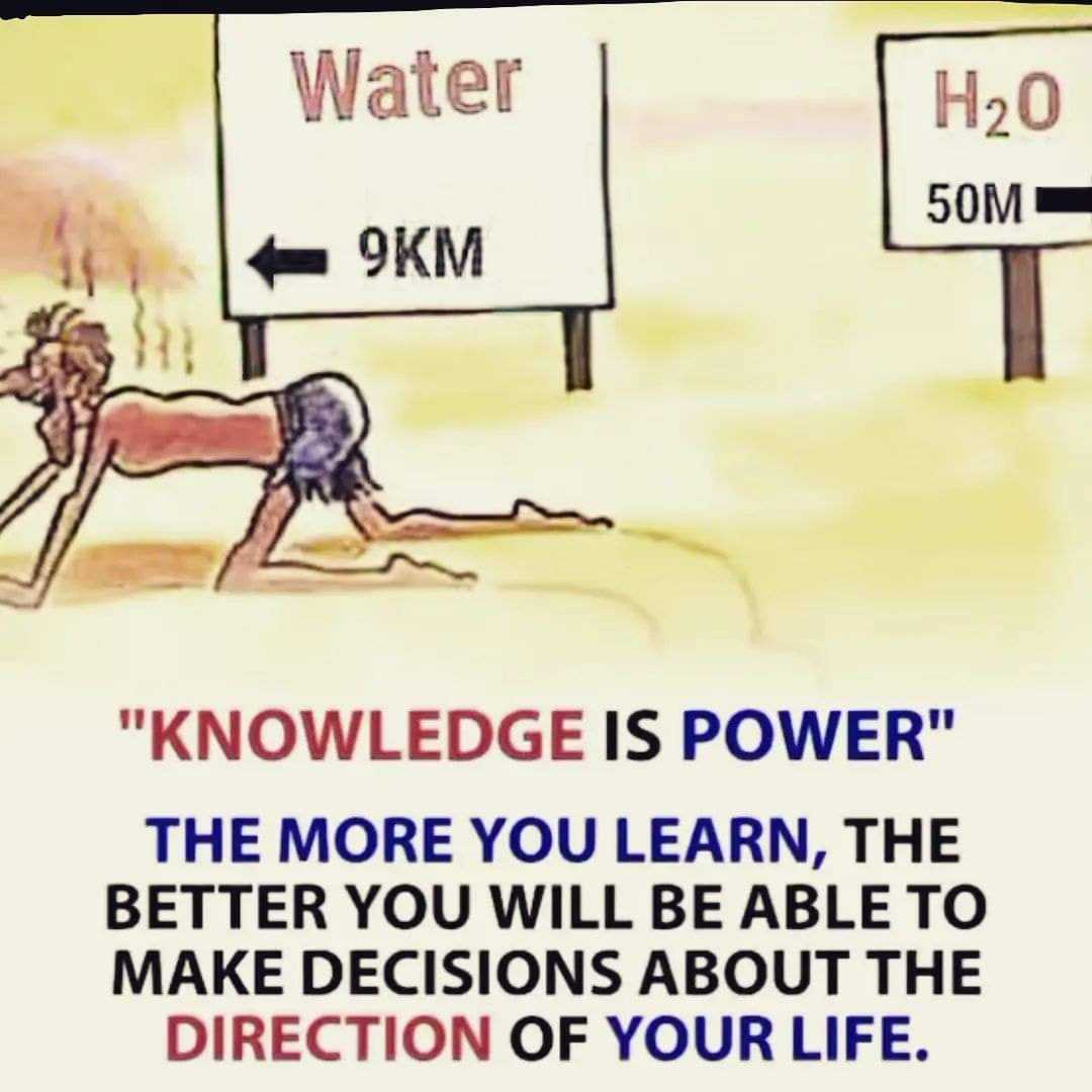 cartoon of a man on the beach with a sign saying knowledge is power