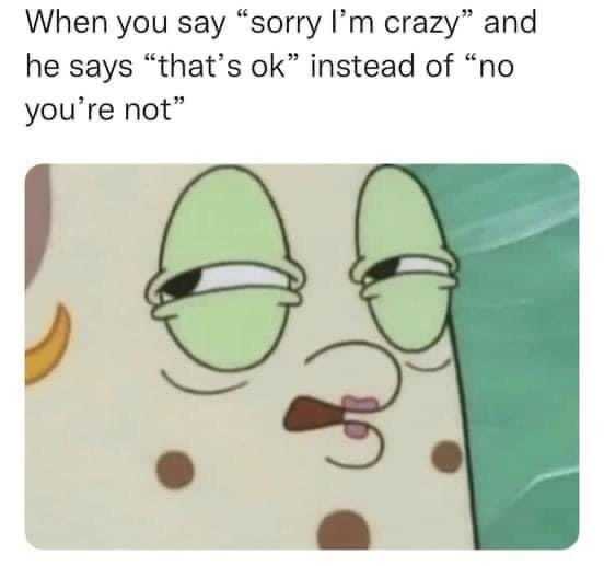 cartoon when you say sorry i ' m crazy and the says that ' s ok instead of no you ' re not