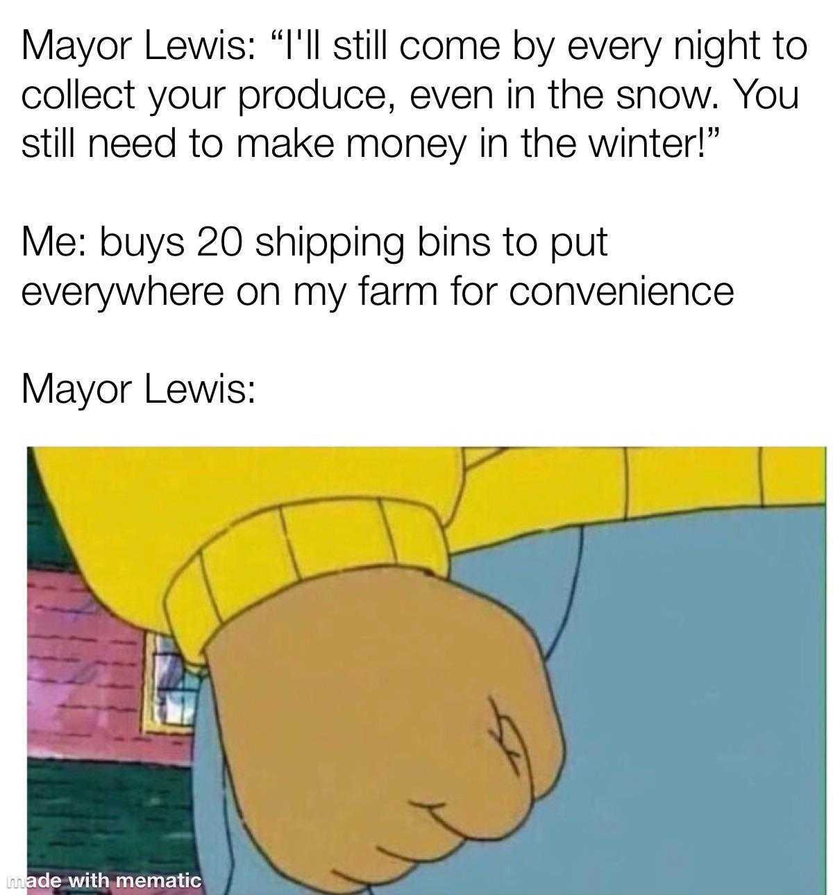 a cartoon image of a hand holding a knife in the middle of a text that reads, mayor lewis still