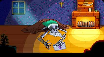 cartoon illustration of a skeleton in a room with a fireplace